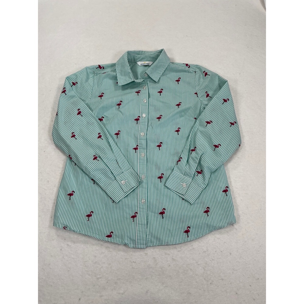 Lemon Way Mint Green White Striped Flamingo Embroidered Button Up Shirt XS